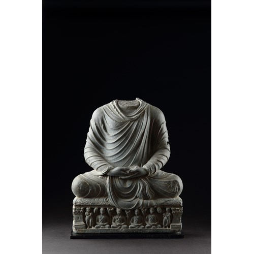 Northwest India {now Pakistan} Gandhara Carved Grey Schist Figure of the Buddha Seated in Meditation